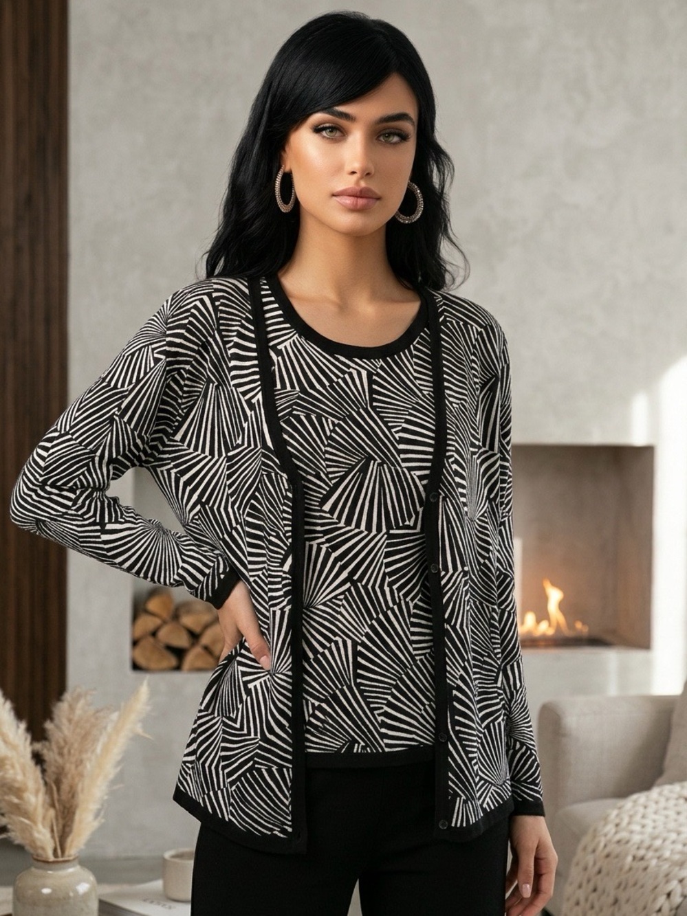 Black & White Geometric Sweater Cardigan Set
